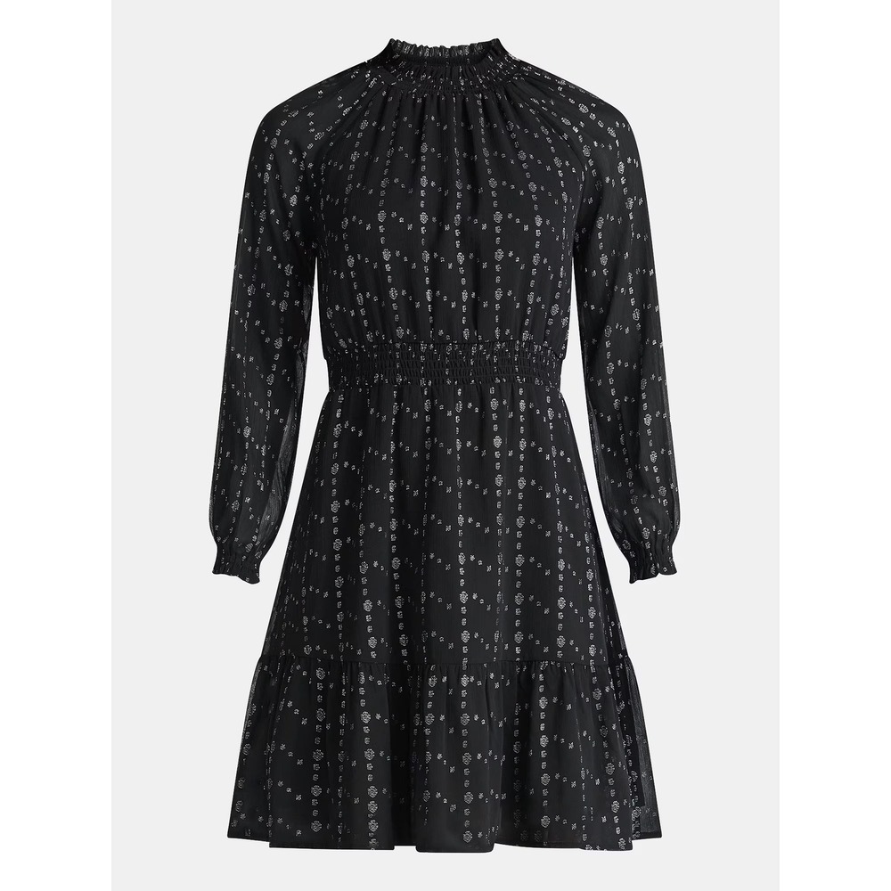 TIME & TRU Smocked Mini Dress Sz XXXL (22W) Black Soot Print Long Sleeve 3XL NWT